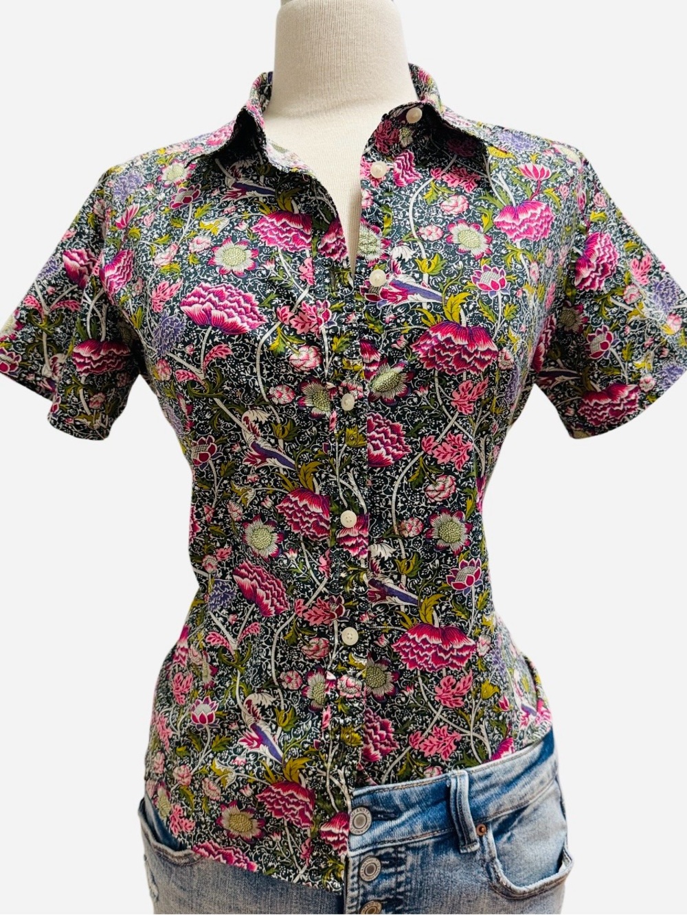 Talbots Petite Floral Blouse in Black, Pink and Green
